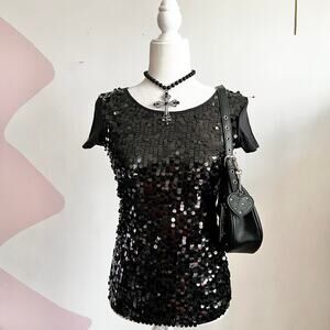 Black Sequin Top, Y2K, Clubwear, Edgy, Baddie, Maximalist,‎ Glam, XS